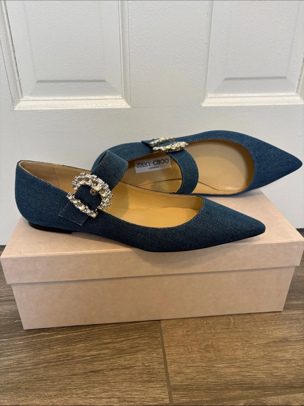 Jimmy Choo Dark Blue Denim Pointed Flats with Crystal Buckle - Picture 1 of 7